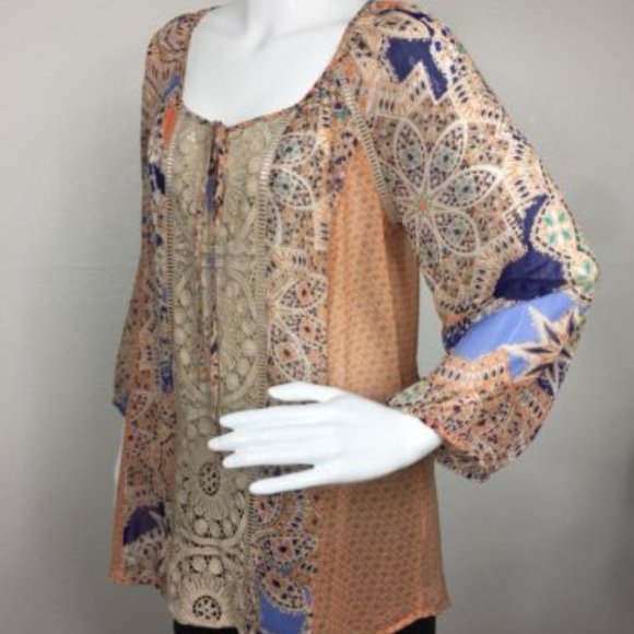 Anthropologie Meadow Rue Silk Crochet Flower Boho Blouse - Picture 2 of 8